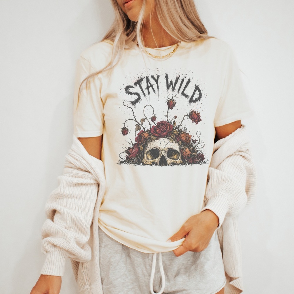 Skull and Roses Dark Botanical Ink Splatter Tee